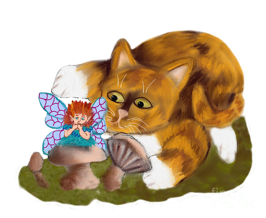 Fairy Rests on a Mushroom in front of a Curious Kitten Digital Art by Ellen Miffitt