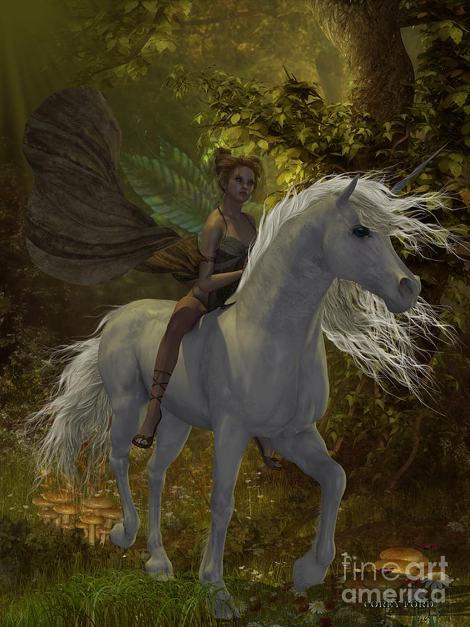 Fairy rides Unicorn Painting by Corey Ford