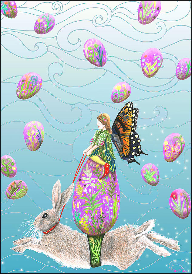 Fairy Riding an Egg and Easter Bunny Mixed Media by Lise Winne