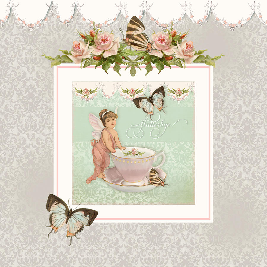 Fairy Teacups - Flutterbye Butterflies and English Rose Damask Painting by Audrey Jeanne Roberts