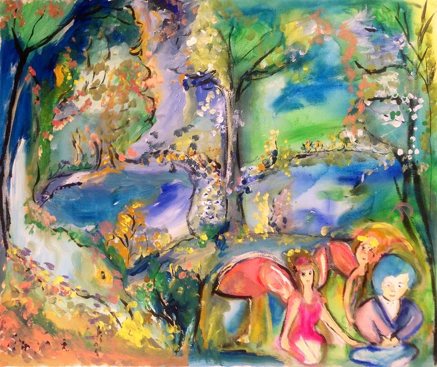 Fairy trio by the musical lake Painting by Judith Desrosiers