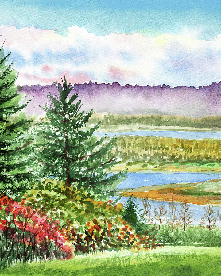Fall At The River Watercolor Landscape Painting