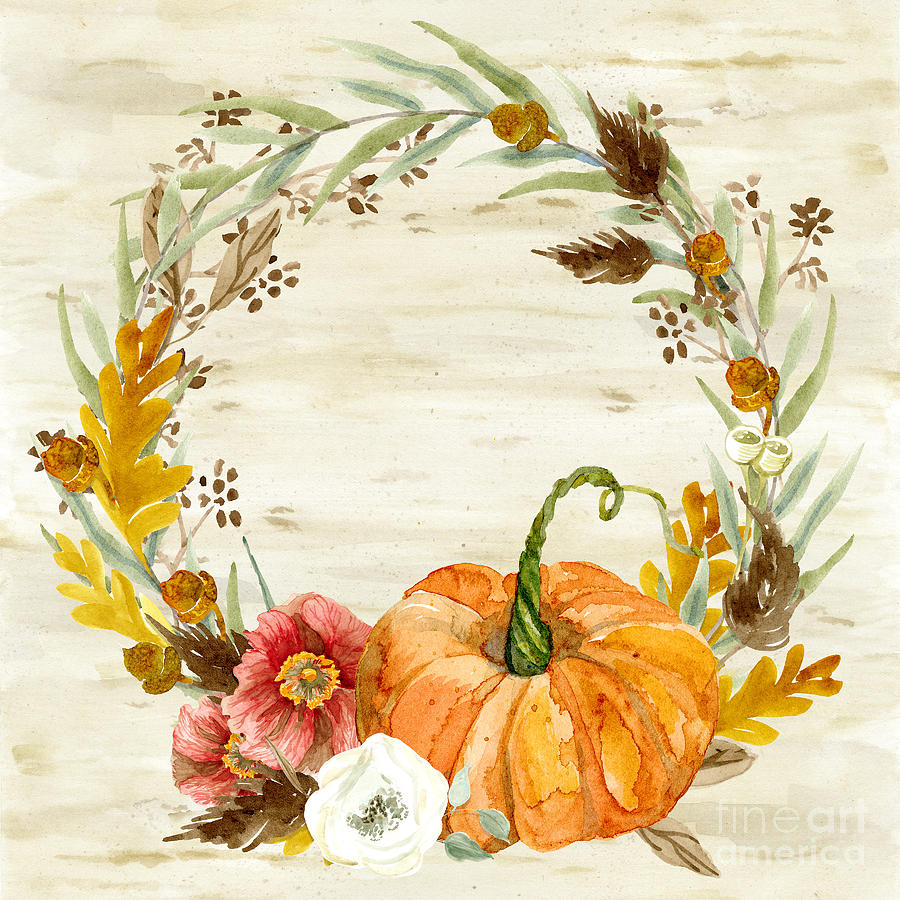 Fall Painting - Fall Autumn Harvest Wreath on Birch Bark Watercolor by Audrey Jeanne Roberts