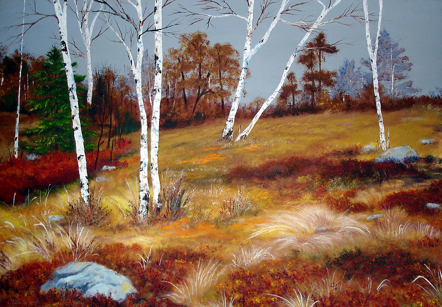 Fall Birch Trees and Blueberries Painting by Laura Tasheiko