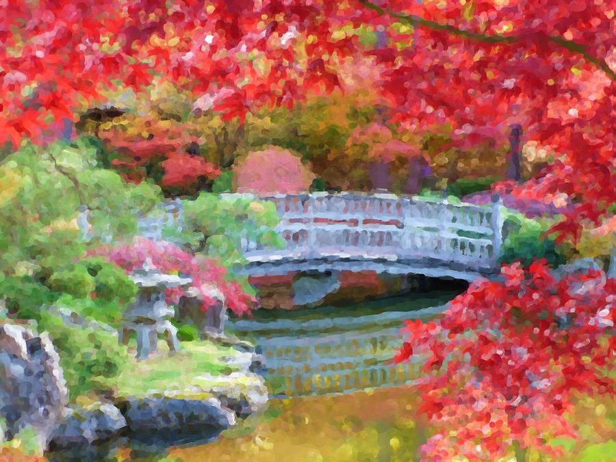 Fall Bridge in Manito Park - Impressionistic Photograph by Carol Groenen
