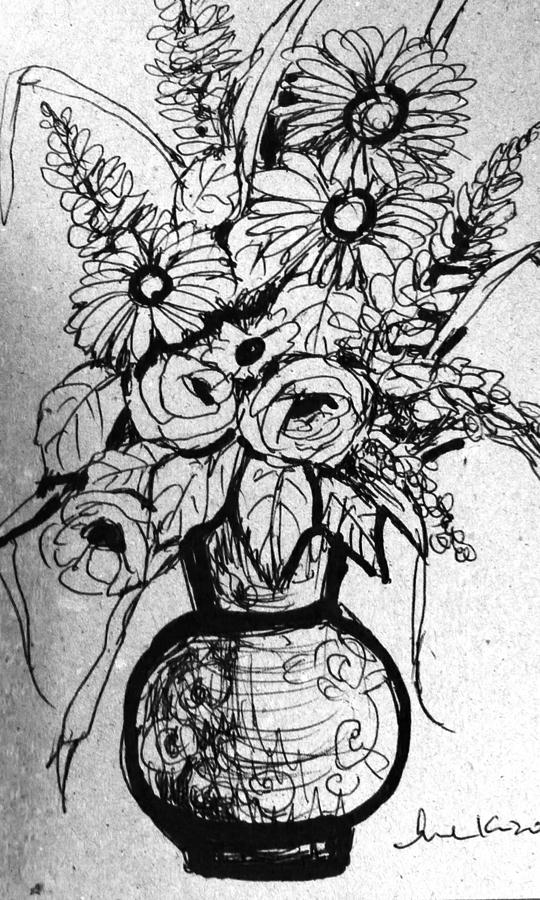 Fall flower vase Drawing by Hae Kim