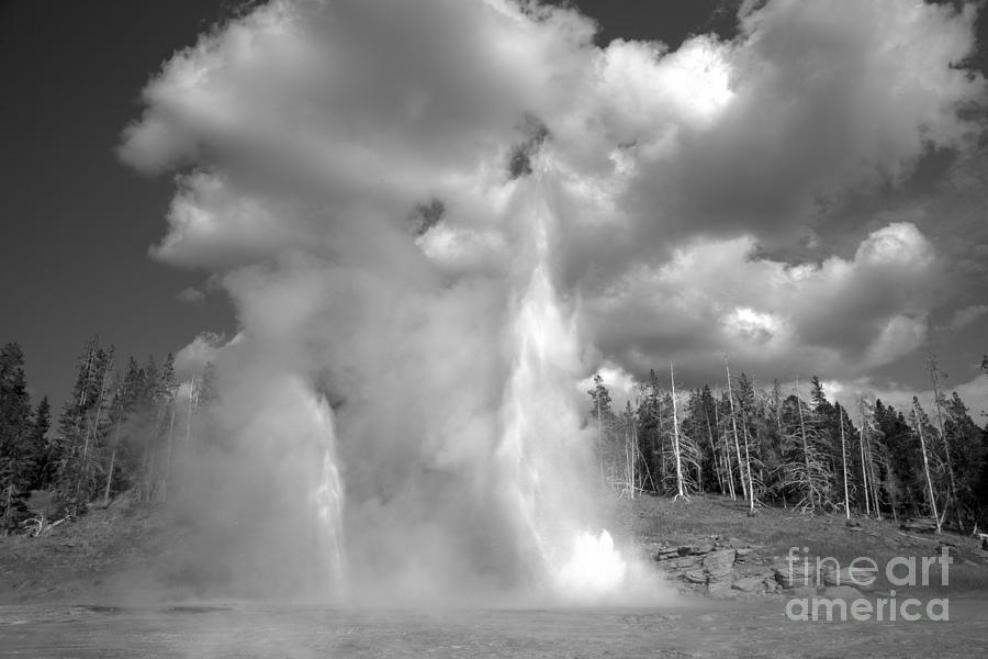 Fall Grand Geyser Eruption Black And White Photograph by Adam Jewell