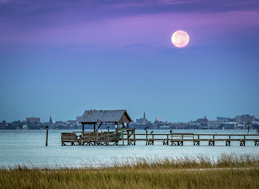 Fall Photograph - Fall Moon and King Tide - Charleston SC by Donnie Whitaker
