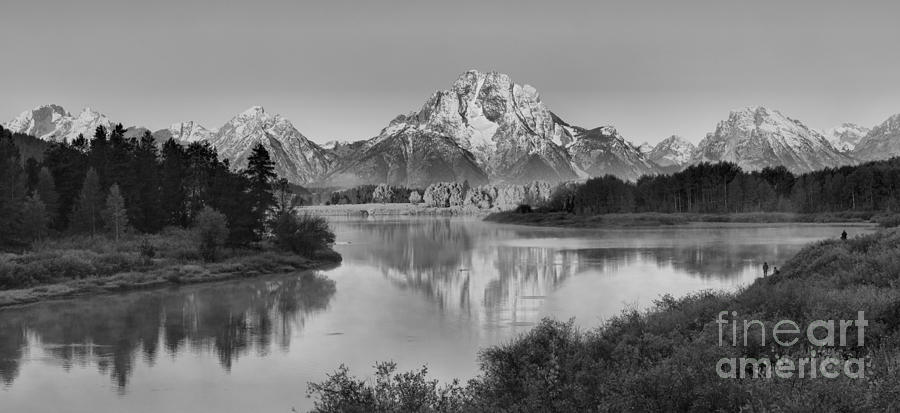 Fall Morning Oxbow Bend Panorama Black And White Photograph by Adam Jewell