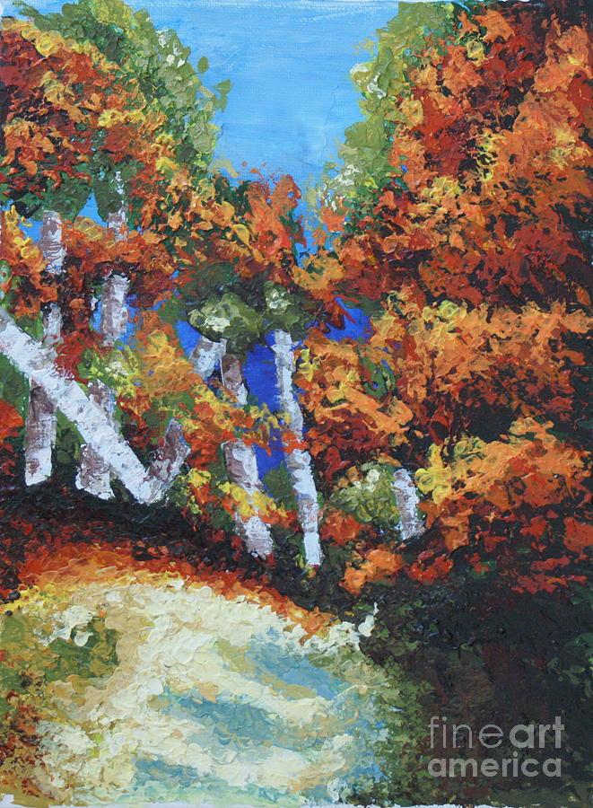 Fall path through forest Painting by Theresa Cangelosi