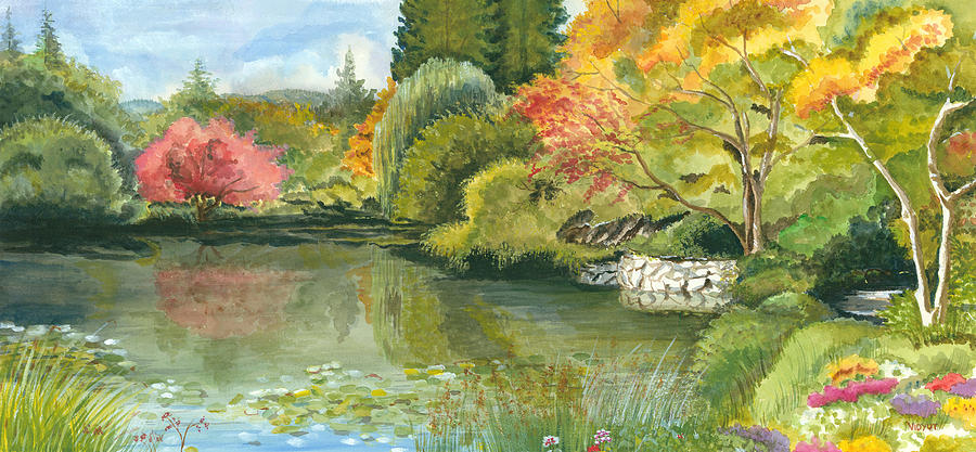 Acrylic Landscape Painting - Fall Reflections Butchart Gardens by Vidyut Singhal