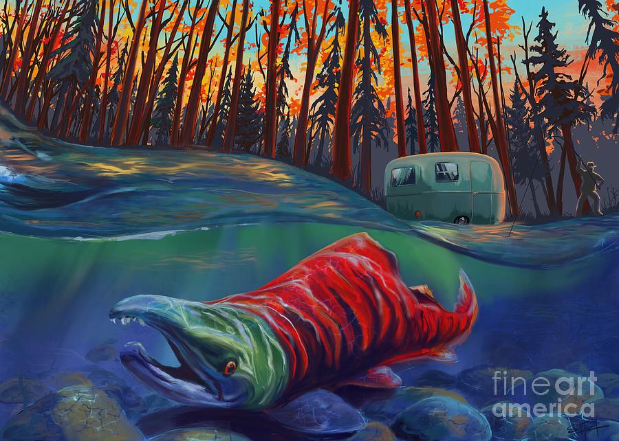 Fall Salmon fishing Painting by Sassan Filsoof