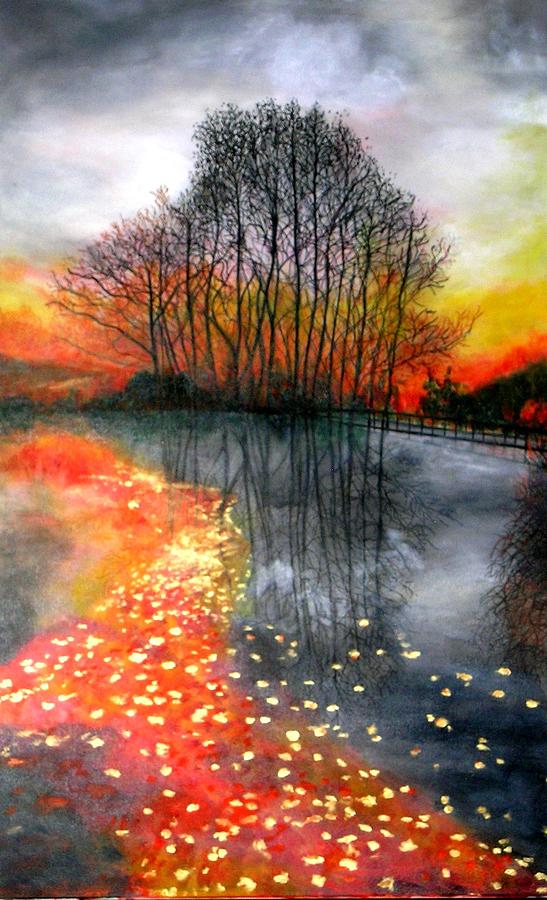 Fall sunset by the river Painting by Marie-Line Vasseur