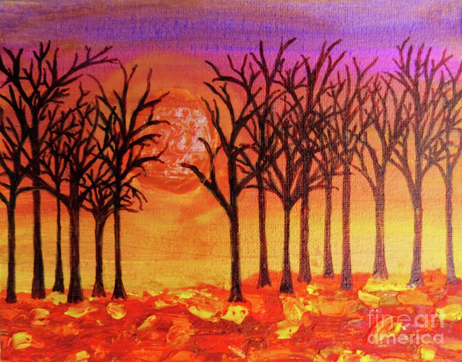 Fall Treeline At Sunset Painting