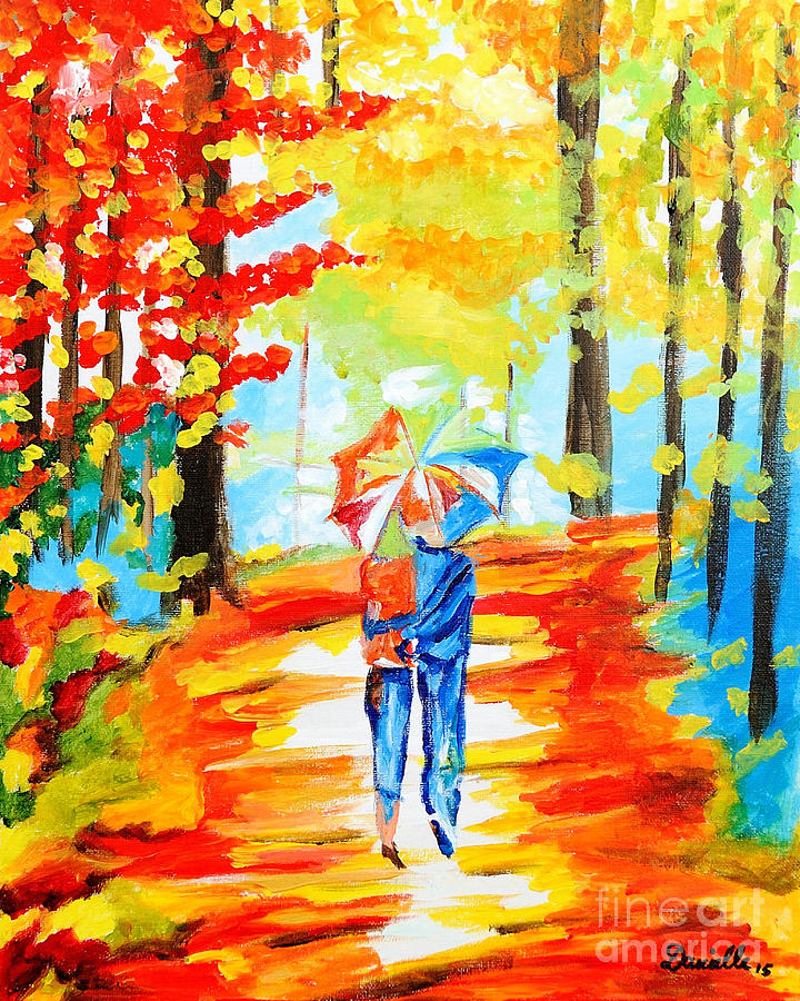 Couple With Umbrella Painting - Fall Walk by Art by Danielle