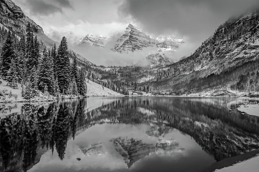 America Photograph - Falling Skies - Maroon Bells in Black and White - Aspen Colorado by Gregory Ballos