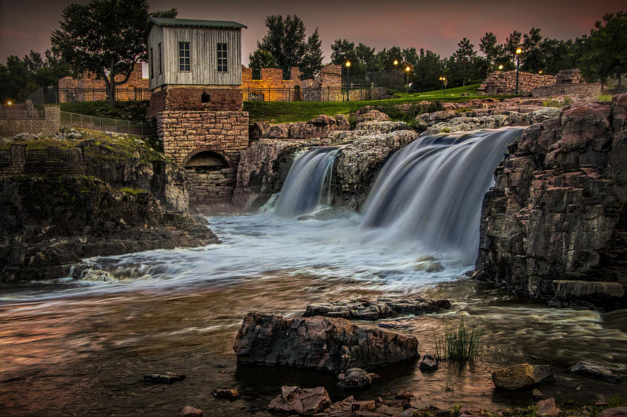Falls Park Waterfalls at Dusk in Sioux Falls Photograph by Randall Nyhof