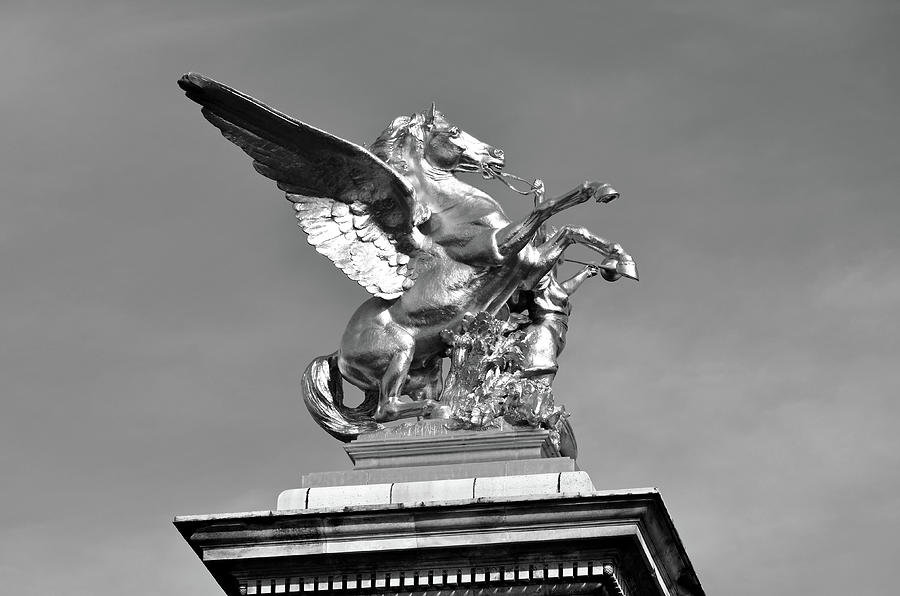 Fames and Pegasus atop Pont Alexandre III Bridge Column in Paris France Black and White Photograph by Shawn OBrien