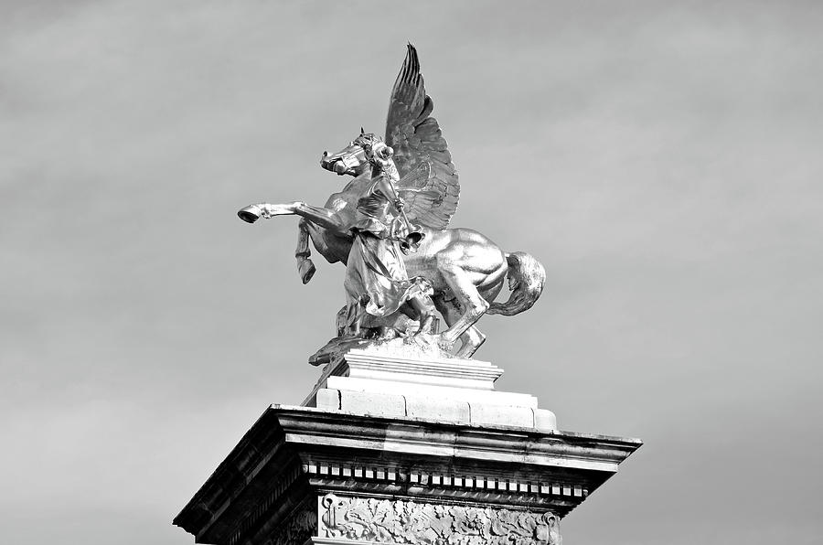 Fames and Pegasus atop Pont Alexandre III Bridge Column Paris France Black and White Photograph by Shawn OBrien