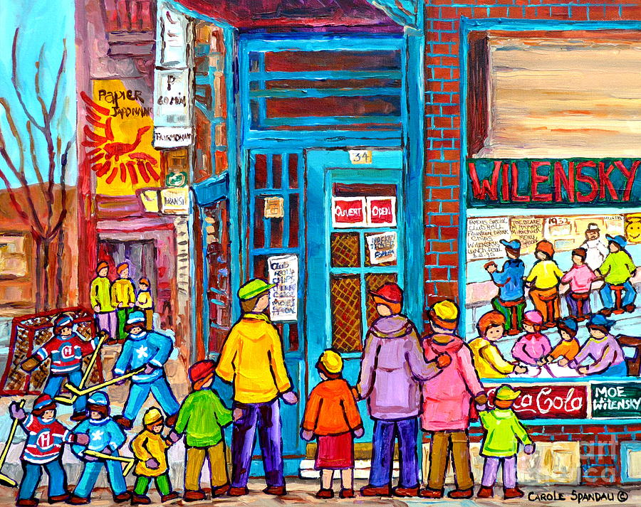 Family Day At Wilensky Lunch Counter Montreal Street Hockey Winter Scene Carole Spandau Painting by Carole Spandau