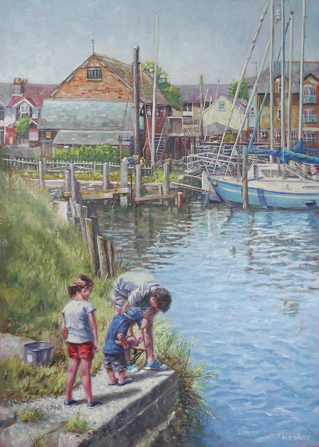 Family Fishing at Eling Tide Mill Hampshire Painting by Martin Davey