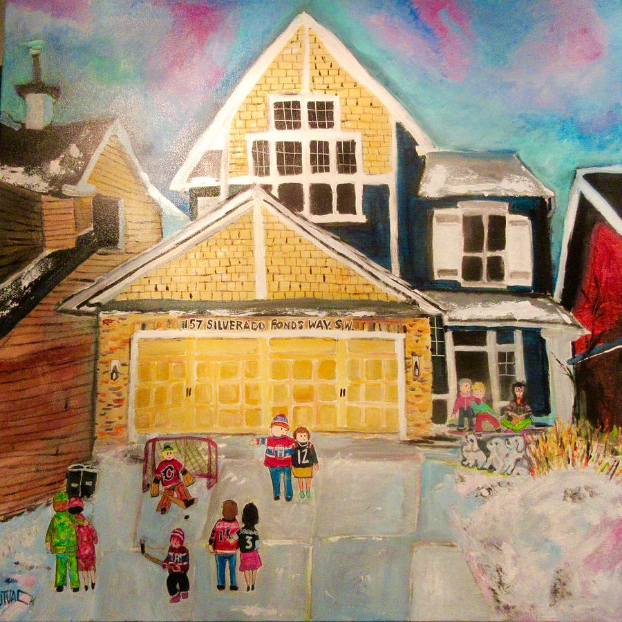Family Hockey Game in Calgary Painting by Michael Litvack