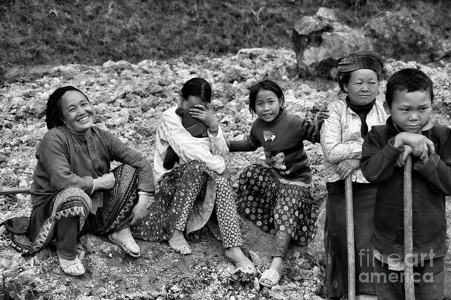 Family in Fields Vietnam BW Photograph by Chuck Kuhn