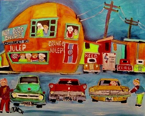 Family of Fords at the Orange Julep Montreal Painting by Michael Litvack