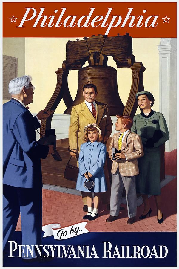 Family photograph by the Liberty Bell in Philadelphia - Vintage Illustrated Poster Painting by Studio Grafiikka