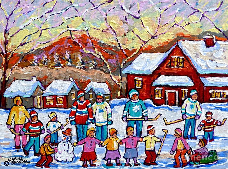 Family Skating Party Paintings Of Children Playing Canadian Country Winter Scene  Art Carole Spandau Painting by Carole Spandau