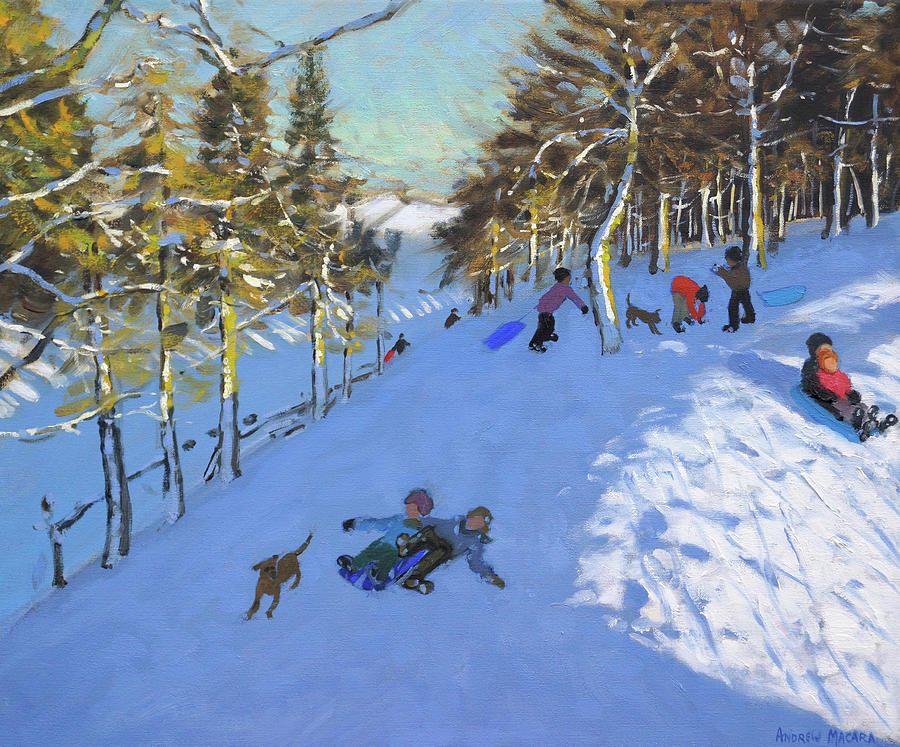 Winter Painting - Family sledging, Youlgreave, Derbyshire by Andrew Macara