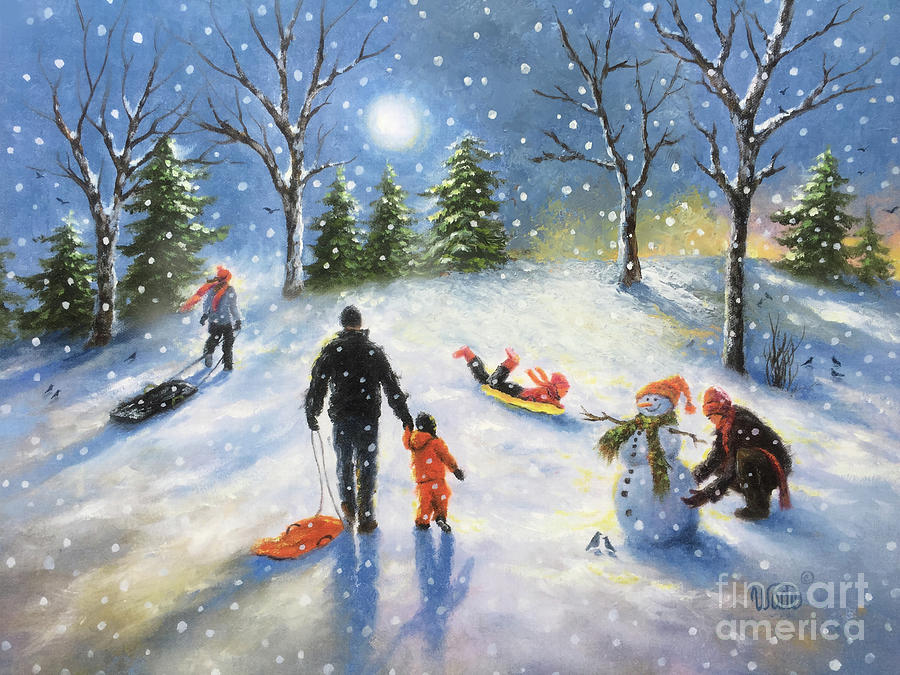 Family Snow Sledding Painting by Vickie Wade