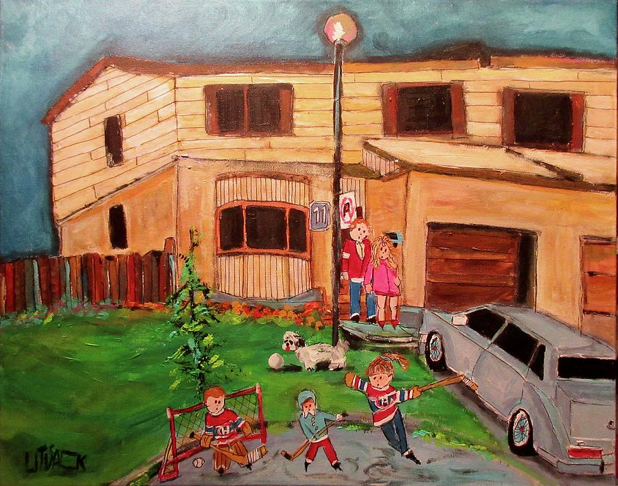Family Street Hockey Pointe Claire 1984 Painting by Michael Litvack