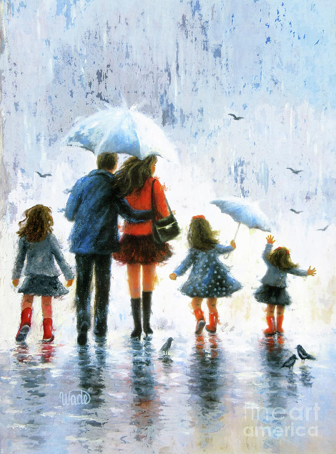Family Three Daughters Rain					 Painting by Vickie Wade