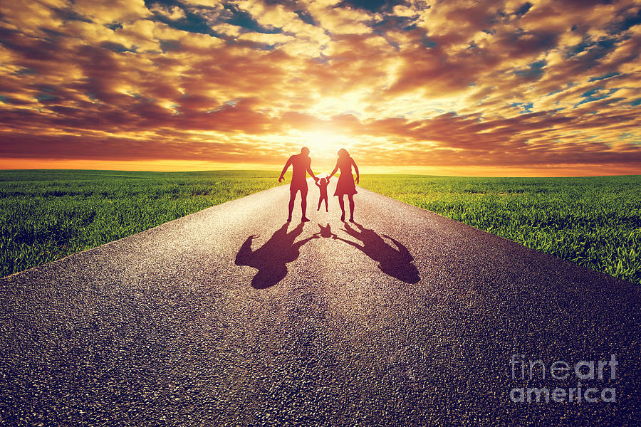 Parenthood Movie Photograph - Family walk on long straight road towards sunset sun by Michal Bednarek