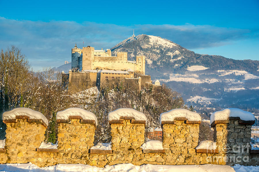 Wolfgang Amadeus Mozart Photograph - Famous Hohensalzburg Fortress at sunset in winter, Salzburg, Aus by JR Photography