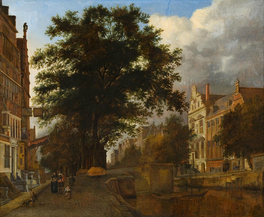 Fantasized Amsterdam cityscape with canal Painting by Jan van der Heyden