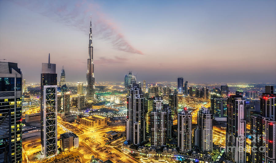 Fantastic aerial view of Dubai at sunset Photograph by Dmitrii Telegin ...