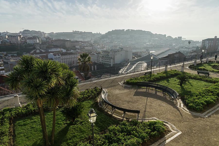 Fantastic Viewing Terrace - Soft Mist and Sunshine over Lisbon Portugal Photograph by Georgia Mizuleva