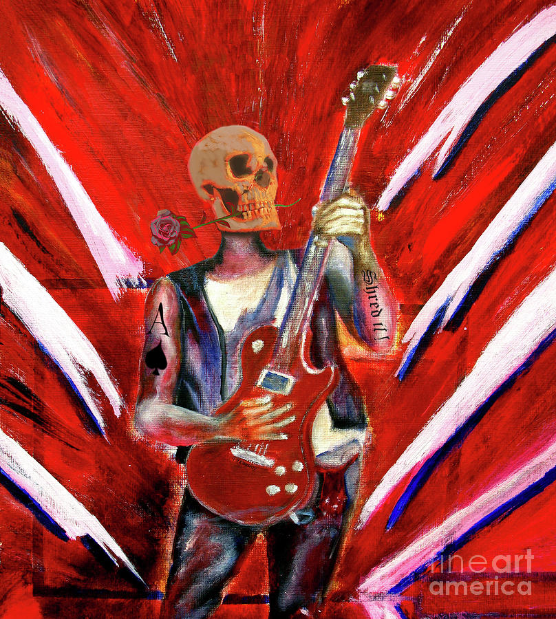 Fantasy heavy metal skull guitarist Painting by Tom Conway