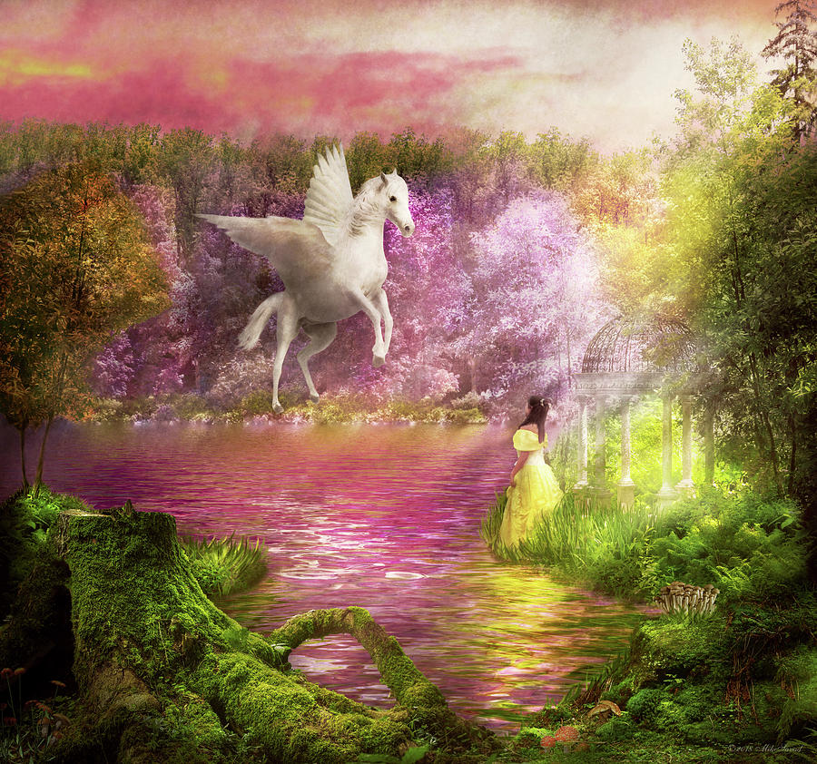 Greek Photograph - Fantasy - Pegasus - The enchanted garden by Mike Savad