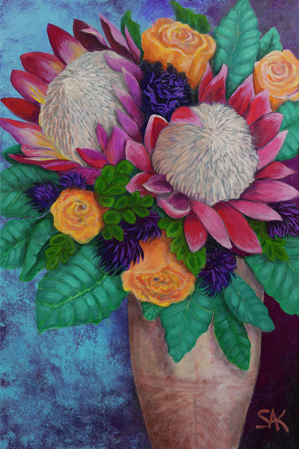Fantasy Queen Proteas and Orange Roses Painting by Sheryl Karas