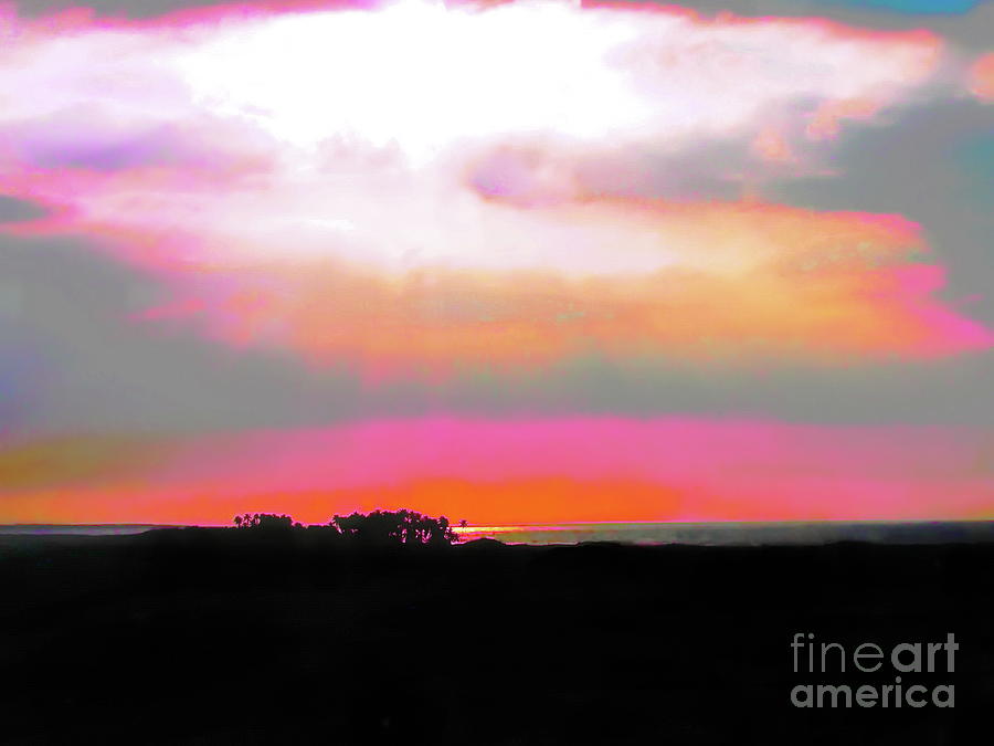 Far view setting sun caught in clouds  Digital Art by Priscilla Batzell Expressionist Art Studio Gallery