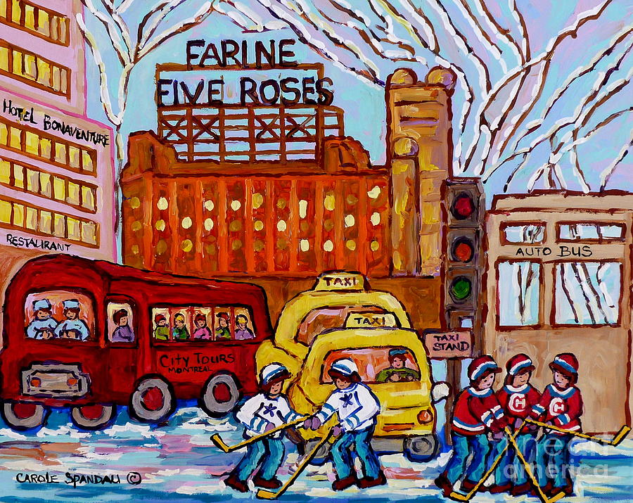 Hockey Painting - Farine Five Roses Montreal 375 Hometown Hockey Hotel Bonaventure Tour Bus Canadian Art C Spandau Art by Carole Spandau