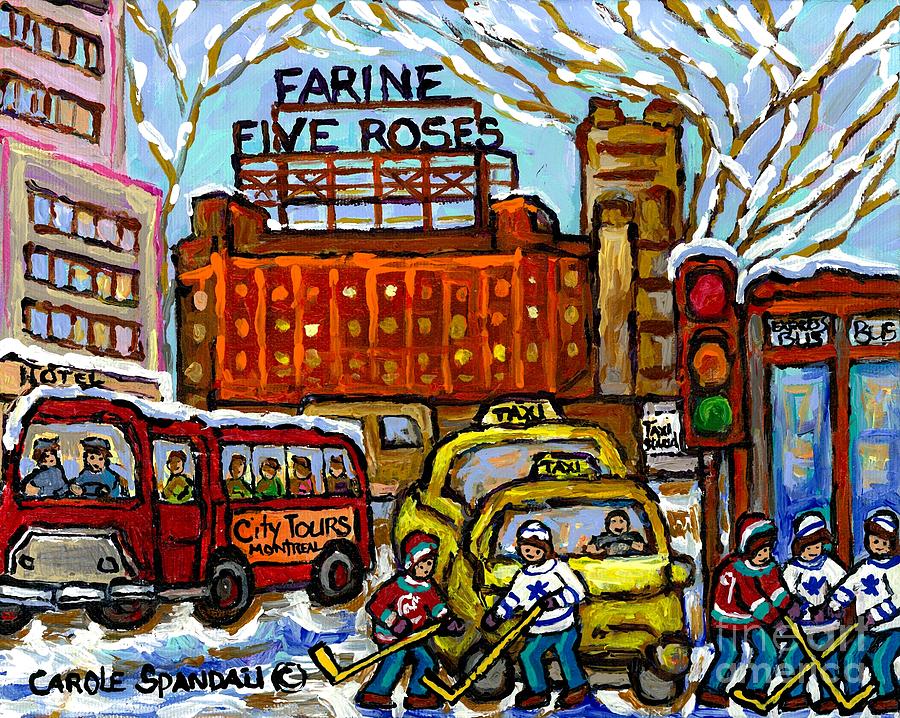 Hockey Painting - Farine Five Roses Sign Downtown Montreal Scenes Street Hockey Game Canadian Art Carole Spandau       by Carole Spandau
