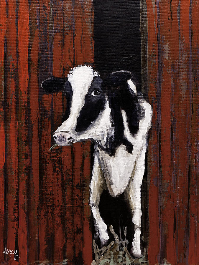 Farm Animal COW Painting Wall Art on Canvas Stretched Signed and Ready To Hang Painting by Gray  Artus