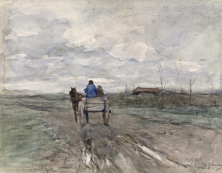 Anton Mauve Drawing - Farm cart on a country road by Anton Mauve