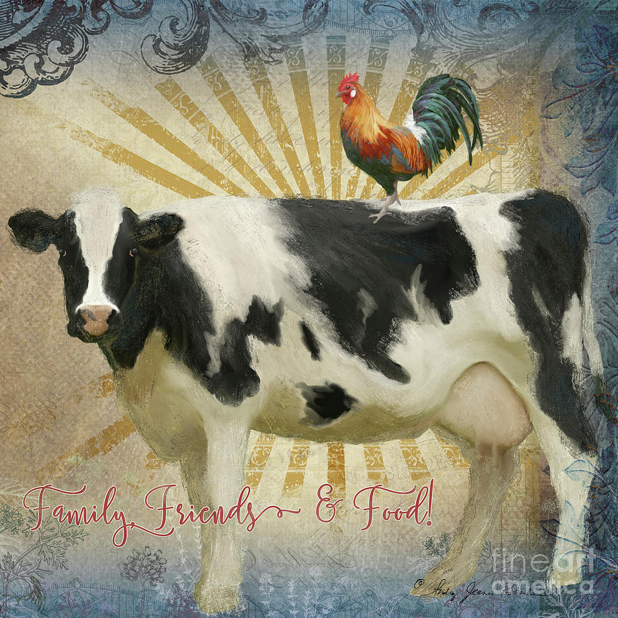 Farm Fresh Barnyard Animals Cow Rooster Typography Painting by Audrey Jeanne Roberts