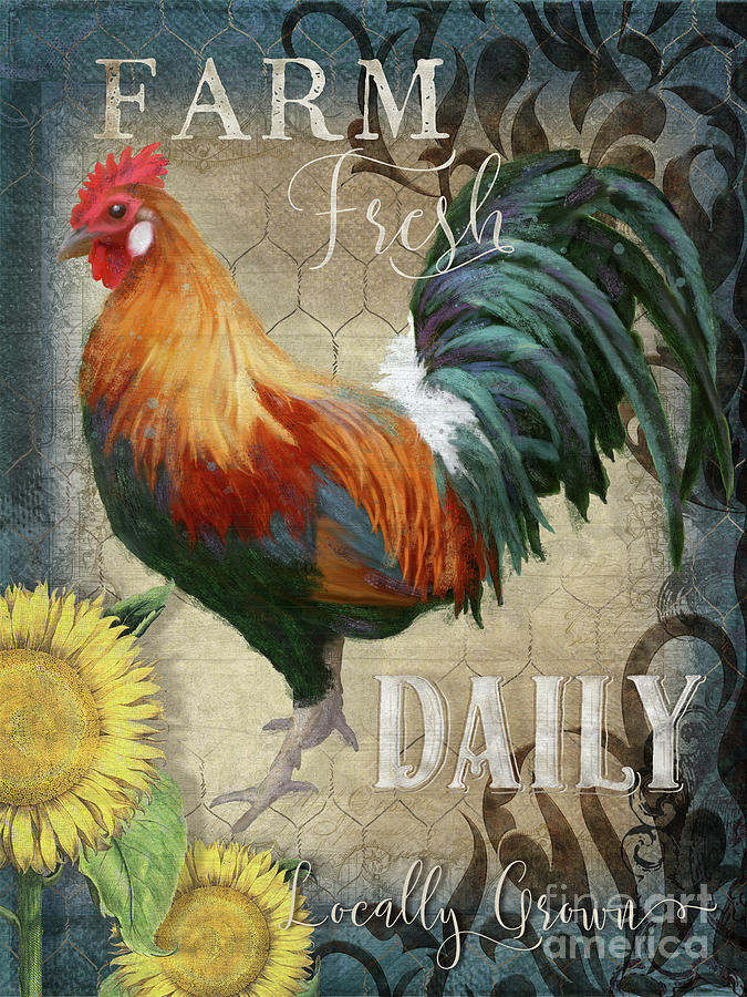 Farm Fresh Daily Red Rooster Sunflower Farmhouse Chic Painting by Audrey Jeanne Roberts