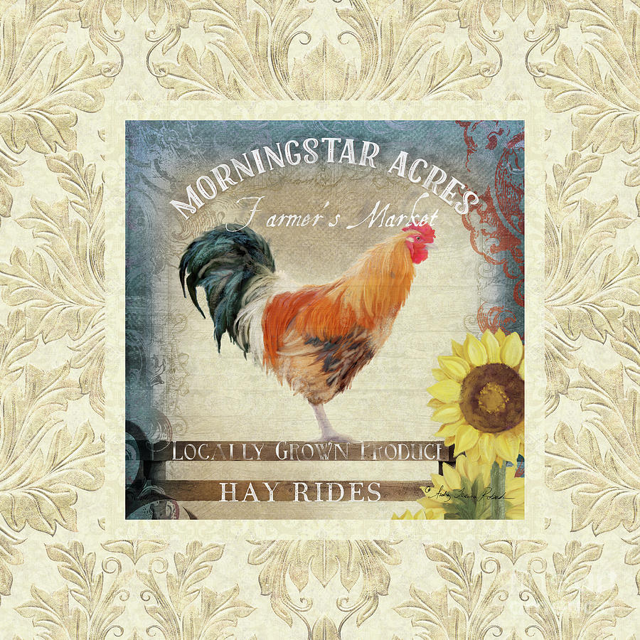 Farm Fresh Damask Barnyard Rooster Sunflower Square Painting by Audrey Jeanne Roberts